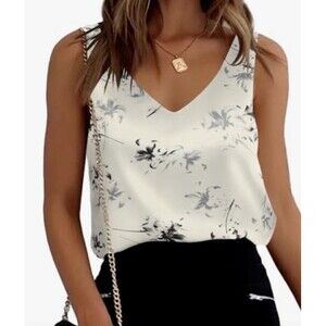 Ekouaer Women's Silk V-Neck Sleeveless Floral Tank Top